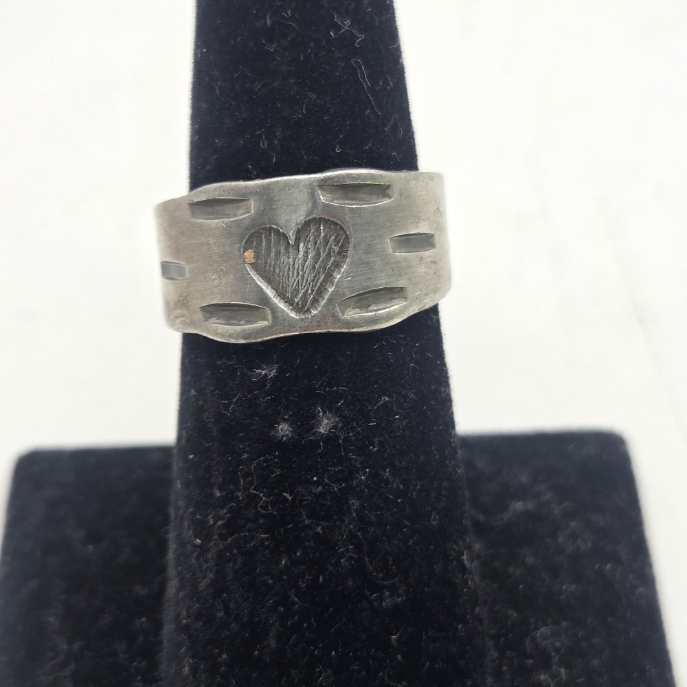 handmade in denmark pewter adjustable carved band ring sz 6.5 heart promise